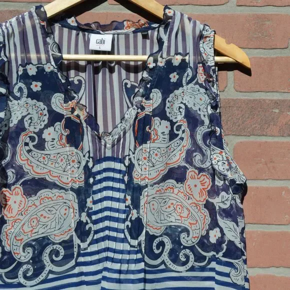 Cabi Women's Peplum with Paisely Stripes Blue Tank Top Size Large - Picture 2 of 7